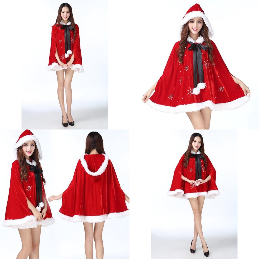 Luxurious Mrs Santa Claus Red Velvet Cloak Cape With Hooded Xmas Cosplay Costume