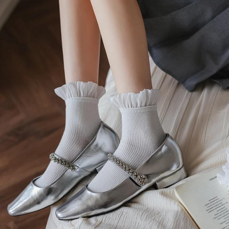 Princess Socks Women Cotton Knitted Breathable Black White Gray Low Tube Socks JK Sweet Girl Lolita Kawaii Cute Ruffle Socks Sox
