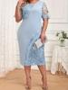 Abito estivo taglie forti da donna con inserti in pizzo, abito a tubino elegante da lavoro e da festa, tinta unita, girocollo, manica corta