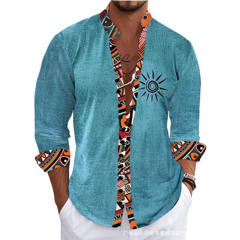 Men S Long Sleeve Chinese Style Button Placket Printed Shirt