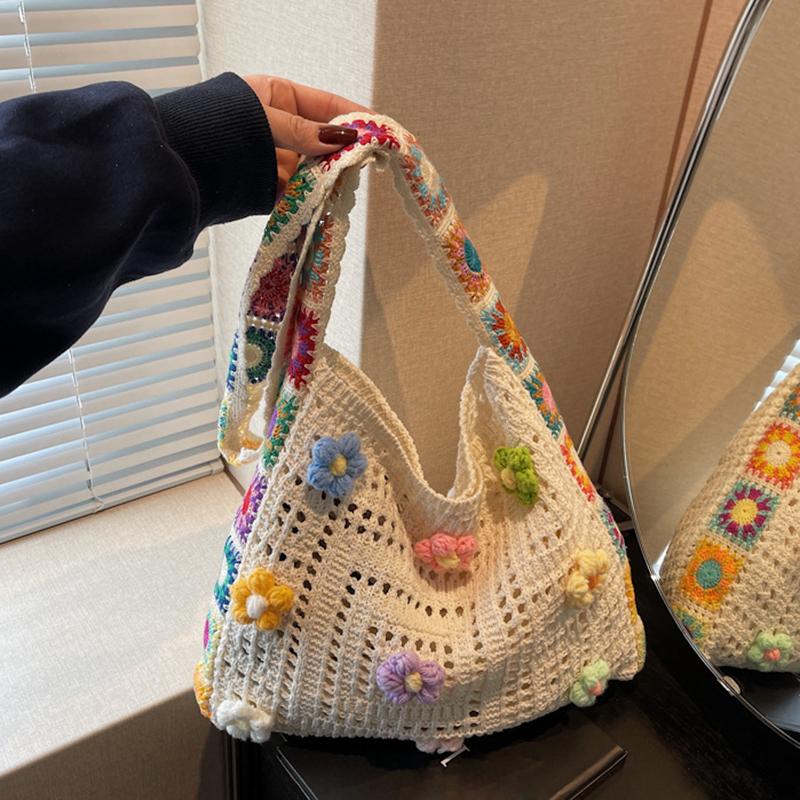 

Yogodlns Vintage Hollow Woven Women Floral Decor Shoulder Bag Knitting Handbags Large Capacity Tote Bags For Ladies Beach Travel Shopper Purse 30x6x28cm