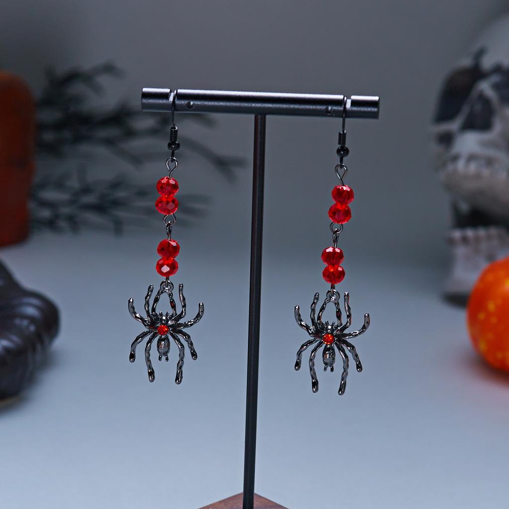 Gothic Punk Black Spider Charm Earrings For Women Red Crystal Beads Insect Long Tassel Drop Earring Cosplay Costume Jewelry Gift