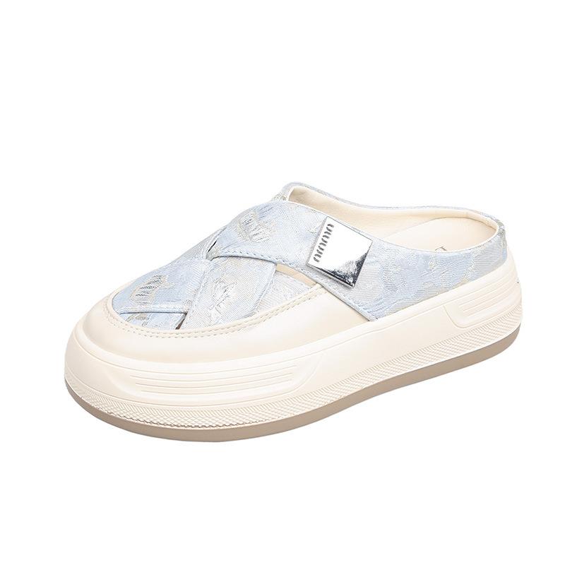 Fashion Loafers Low Female Shoes Womens Slippers Outdoor Slides Cover Toe Fretwork Heels Platform 2025 Rubber Plastic PU Retro Scandals