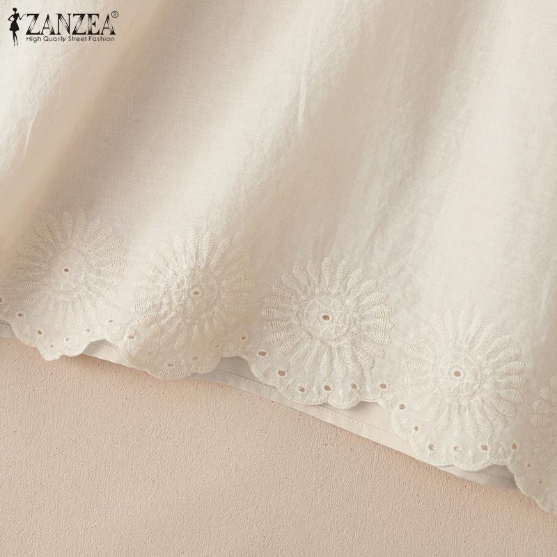 ZANZEA Women Casual Crew Neck Short Sleeve Embroidery Lace Blouse