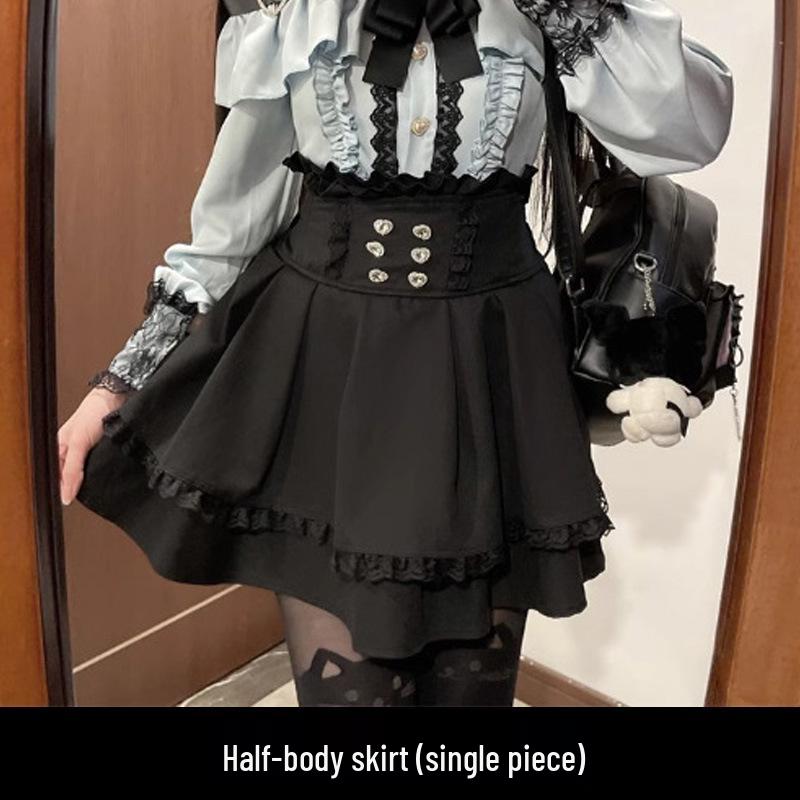Sladký japonský štýl čipkovaný top bez ramienok a úzka sukňa s vysokým pásom Small black
