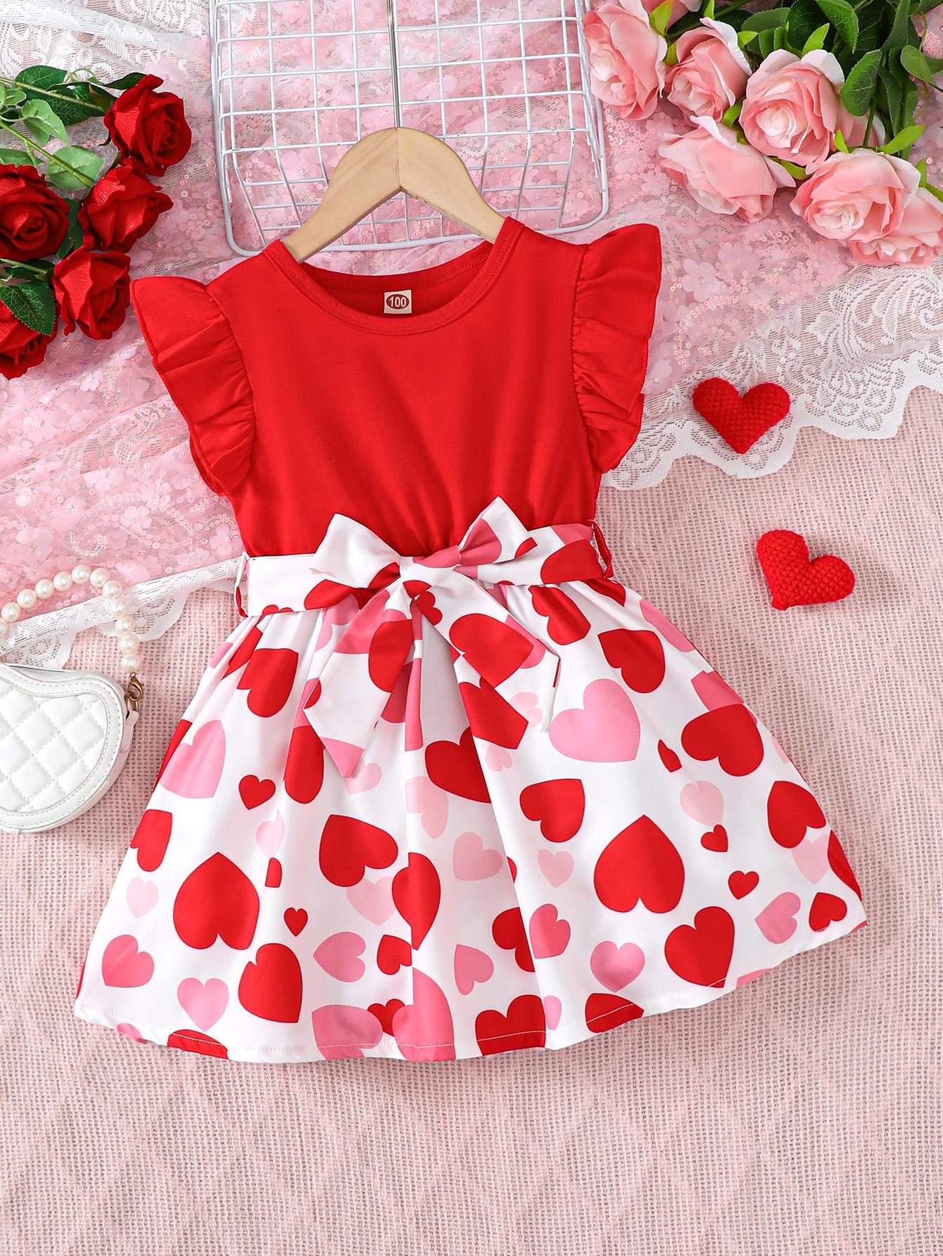

Girls fashionable heart-print dress with round neck and flying sleeves 130 червоний