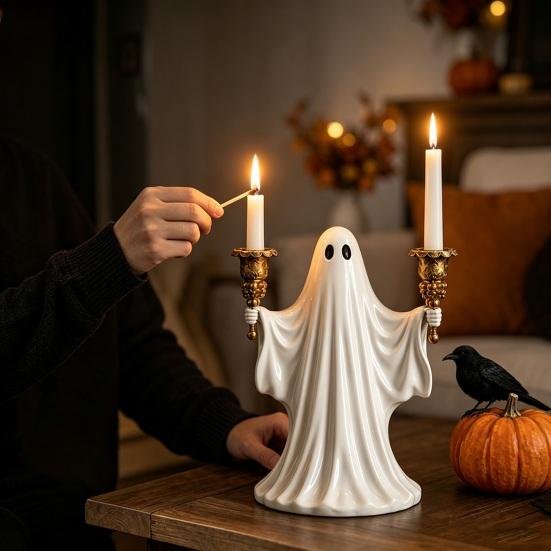 Cute Ghost Figurine Candle Holder for Halloween, Resin Tealight Candlestick, Taper Halloween Decoration Home Table Decor & Spooky Atmosphere Accessory