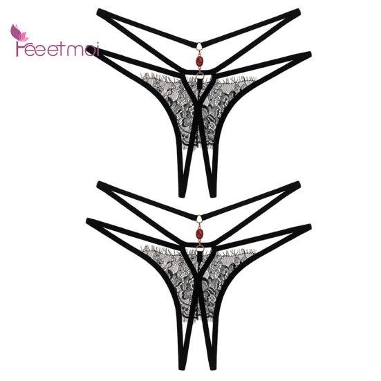 2Pcs Erotic G-String Women Lace Through Hollow Out Open Crotch See Underwear