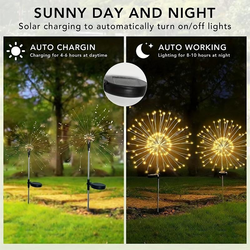 Luces LED solares de fuegos artificiales impermeables para exteriores, cadena de luces con forma de diente de león para decoración de jardines, paisajes y césped