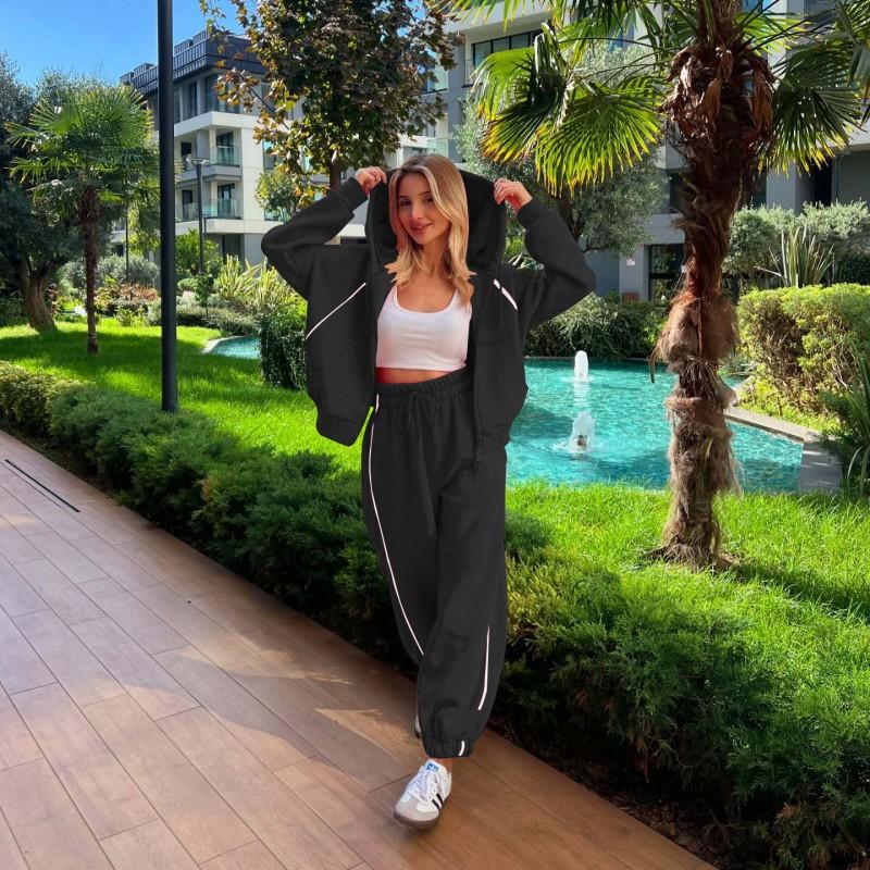 Womens Fall Casual Striped Hooded Cardigan Tracksuit Pants Set Sportswear