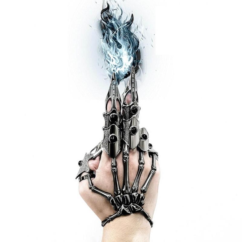 Gotycki Punk Rękawica Ręka Szkieletu Regulowany Metalowy Pazur Palca Szkielet Pełne Pierścienie na Palce na Halloween Cosplay i Imprezę