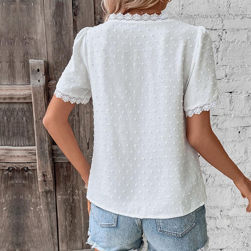 Women's Shirt Summer Casual Vacation Lace V-neck White Short Sleeve Loose Shirts for Women Elegant Tops Slim Fit Solid Color Women's Blouse New
