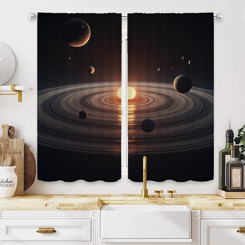 2pcs Space-Themed Curtains - Celestial Design with Sun   Planets & Rings   Semi-Transparent Polyester Fabric   Rod Pocket for Easy