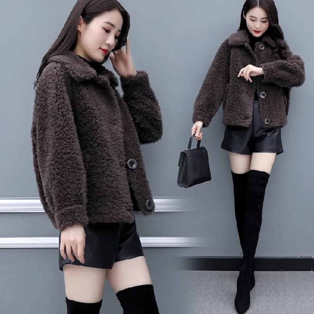 Women's Turn Down Collar Long Sleeve Cardigan Slim Fit Solid Fall Winter Faux Shearling Jacket