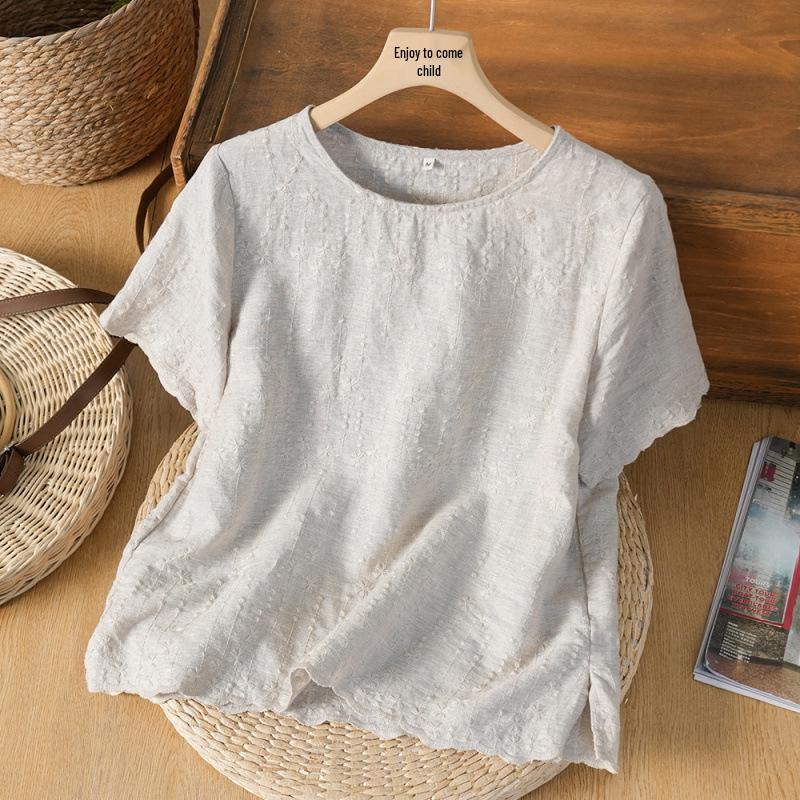 Artistic Retro Embroidered Cotton Linen Women s Summer Short Sleeve Top Medium