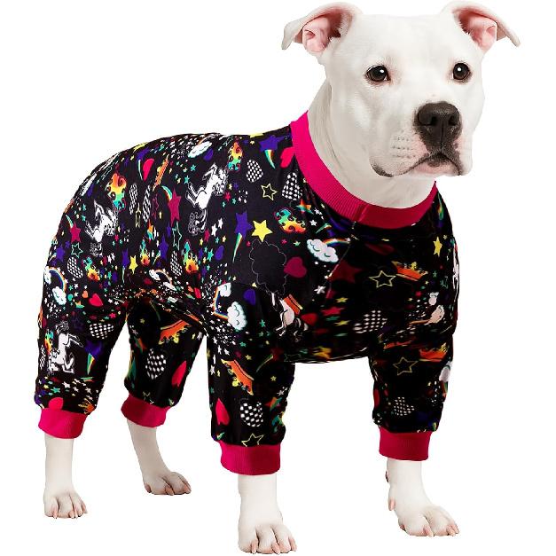 LovinPet Large Dog Pajamas Pitbull PJS: Wound Care/Post Surgery Dog Clothes, Onesies for Dogs, Unicorn Rainbows Black Print, Lightweight Stretchy