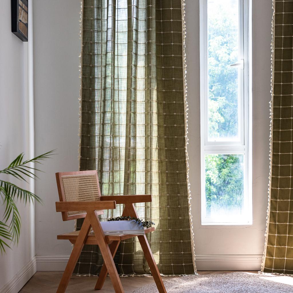 Tenda Plaid Vintage Americana con Nappe Semi Oscurante Cotone Lino Tasca per Asta Soggiorno Balcone Cucina Finestra a Golfo Protezione UV Arredamento Boho Rustico