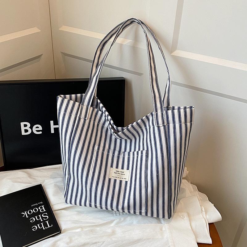 Large Capacity Tote Bag French Striped Canvas Bag New Summer Versatile Women's Bag Light Commuter Shoulder Bag