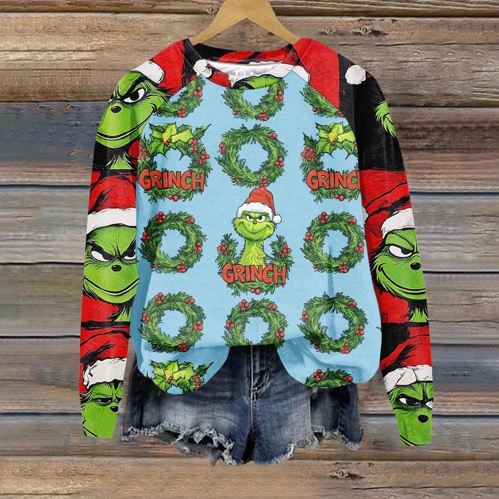 Christmas Fashion Men and Women's Pullover Green Monster Print O-Neck T-shirt Top Casual Outdoor Sweatshirt Kids T-shirt Top Clothing