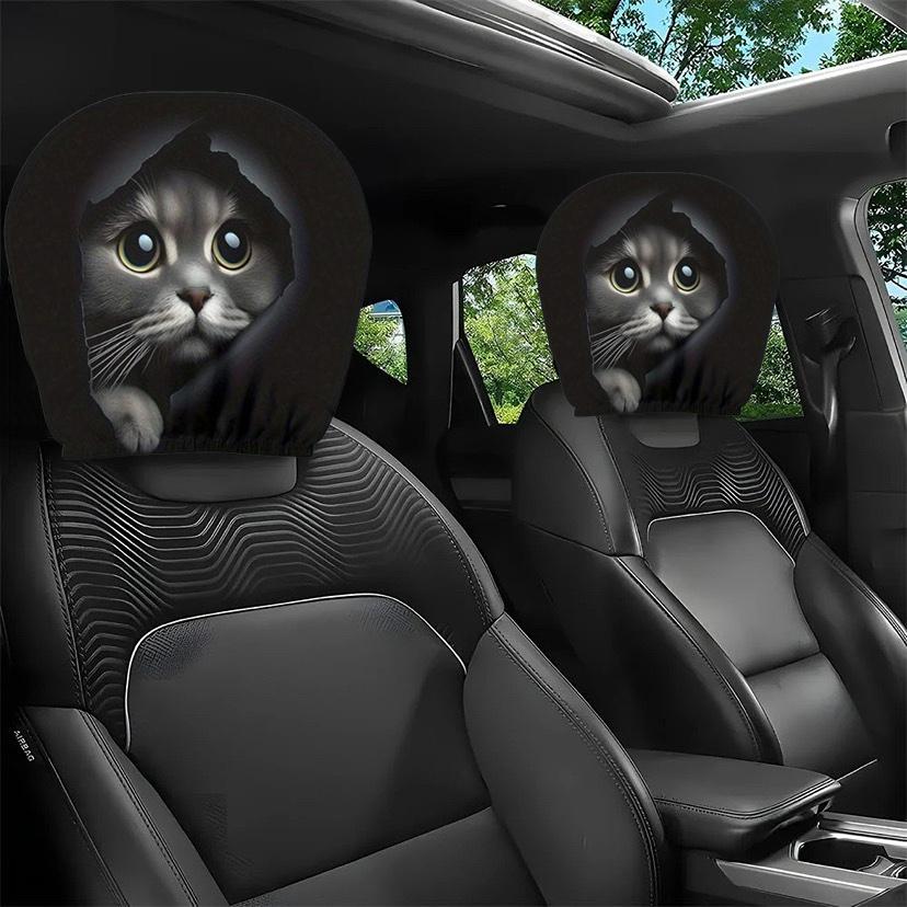 2 pieces of realistic car headrest covers with cute cats showing their faces, washable and stretchable, car interior decoration