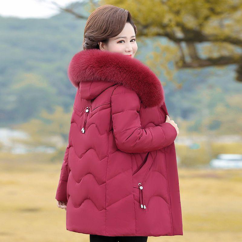 Womens Warm Mid-Length Cotton Padded Coat Winter Plus Size Loose Fit With Faux Fur Collar