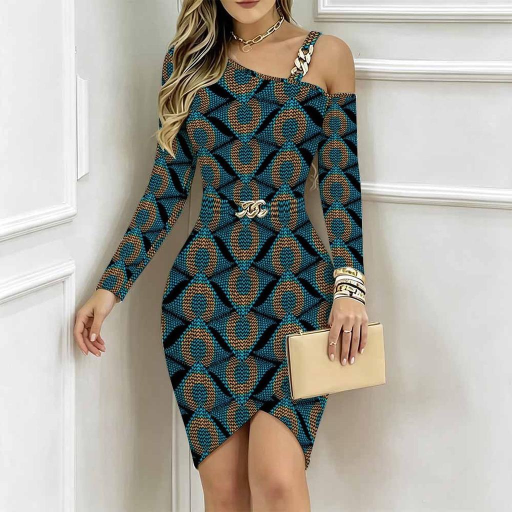 Women Plus Size Cold Shoulder Long Sleeve Black White Tie Dye Print Irregular Wrap Bodycon Midi Dress