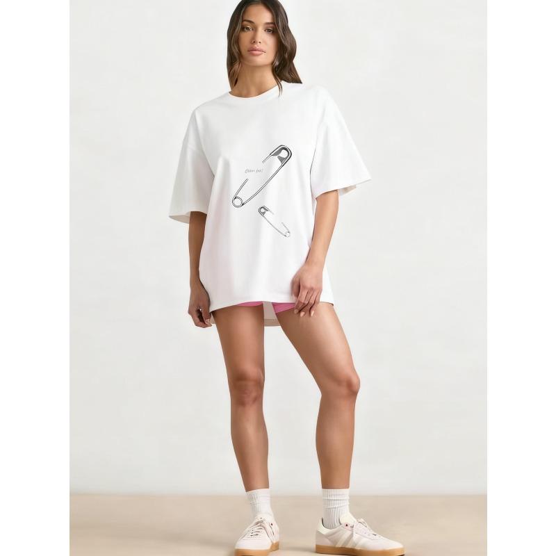 Oversized T Shirt Black Safety Pin Print With Text Casual Streetwear For Women
