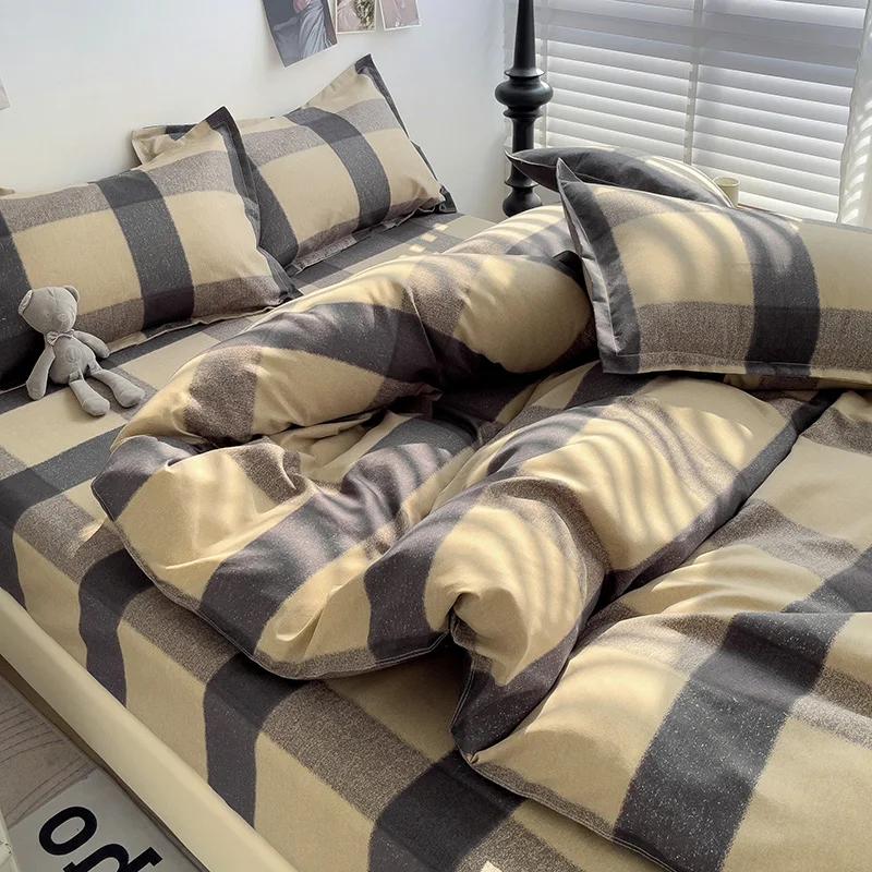 4 Piece, Cotton Bedding Set, 4 Piece Bed Sheet Comforter Set, Simple Striped Check Couple Bed Quilt Set