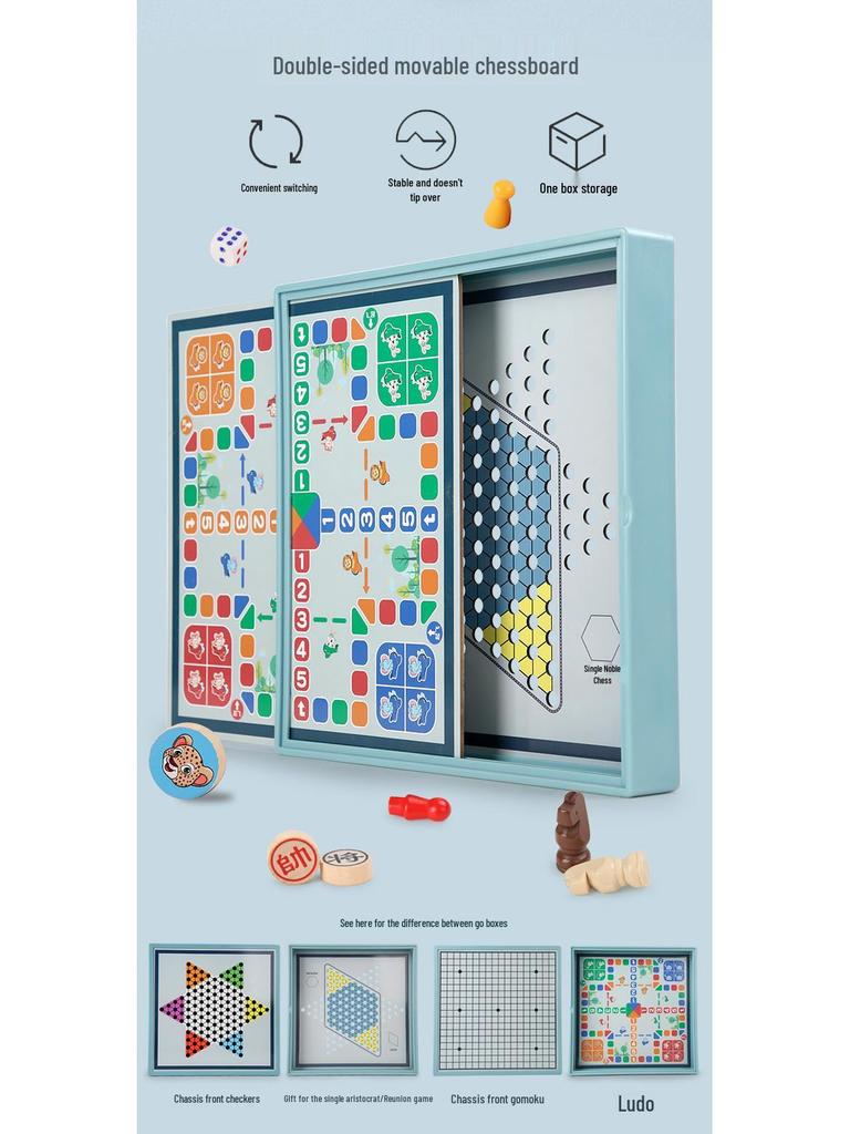 Multifunktionales Holz-Spielbrett: Fliegendes Schach, Dame und Tierkampf für Kinder und Erwachsene