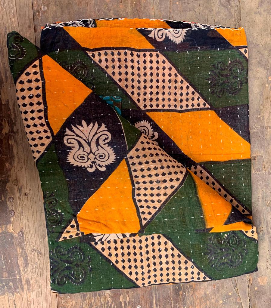 Vintage Kantha Quilt: Handmade Indian Patchwork Throw Blanket, Colorful Ethnic Throw