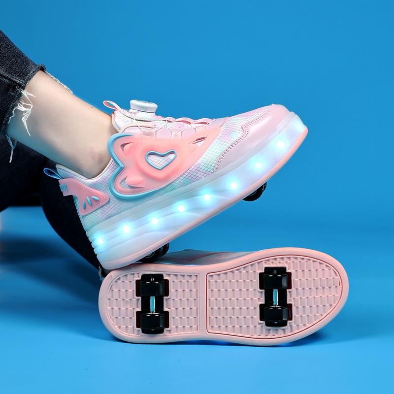 Childrens Skate Shoes USB Light Comfortable Roller-skating Sneakers Outdoor Sports Walking Girls Pink Roller Skate Shoes for Kid