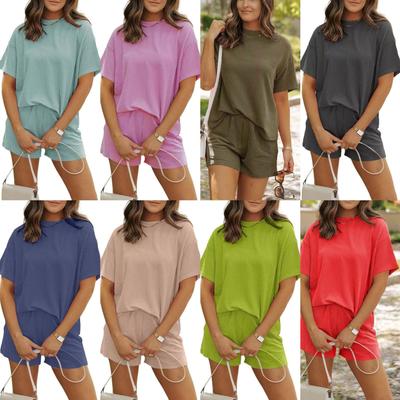 Costum Damă Două Piese: Top cu Mânecă Scurtă, Decolteu Rotund Ondulat și Pantaloni Scurți cu Talie Elastică Ensemble Femme
