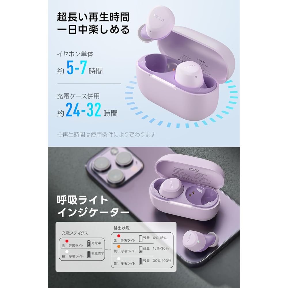 TOZO A1 Earphones Bluetooth Wireless Earphones Warm Tone Sound Quality Cute Color Small Lightweight Comfortable Built-in Microphone AI Noise Reduction