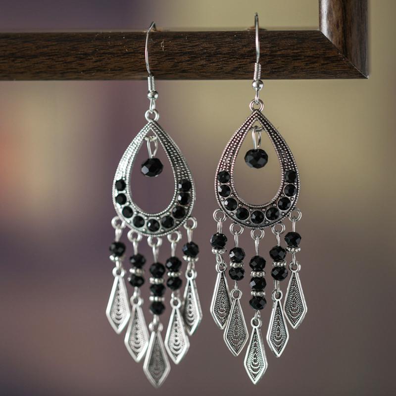 Ethnic Colorful Rhinestone Crystal Tassel Earrings For Women Vintage Niche Water Drop Shaped Earrings Vacation Daily Jewelry