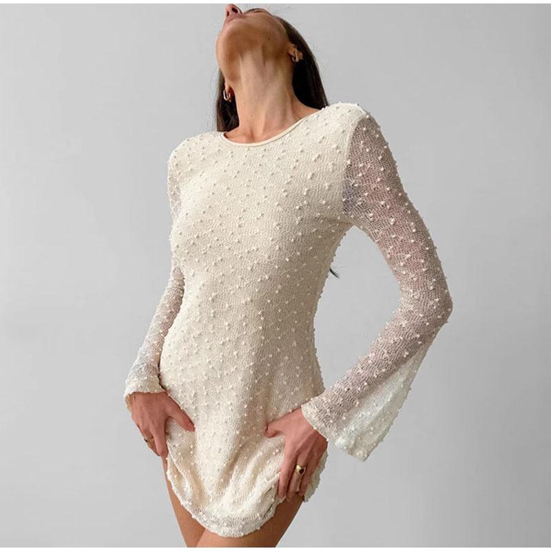 Elegant Backless Slim Dress Women Lace Up Round Neck Long Sleeved Dresses Summer High Waist Fashion Pullover Mini Short Dress