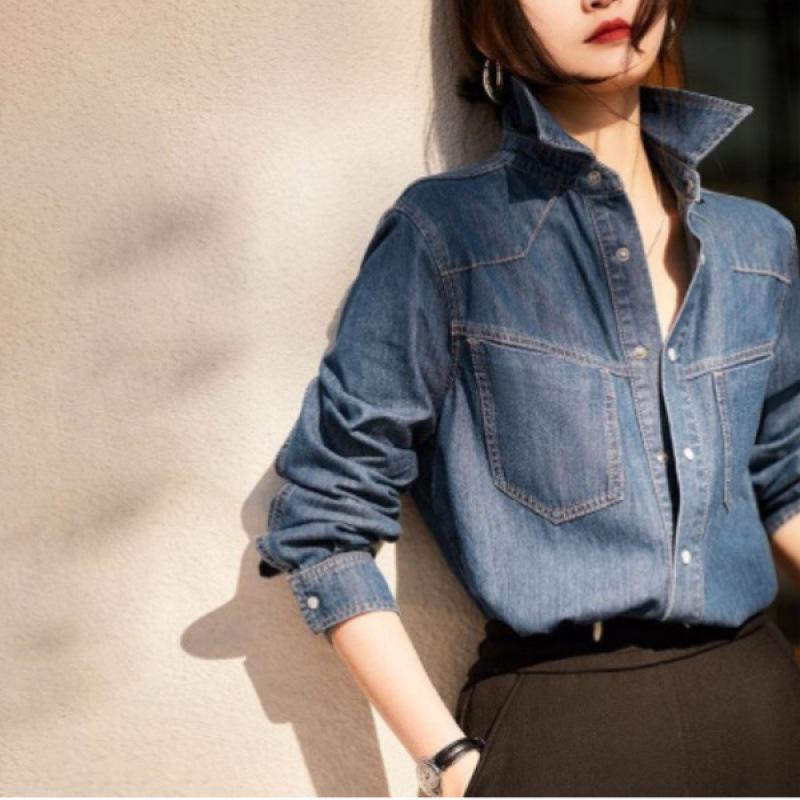 2024 Women s Retro French Denim Shirt Jacket - Long Sleeve, Casual Spring/Autumn M