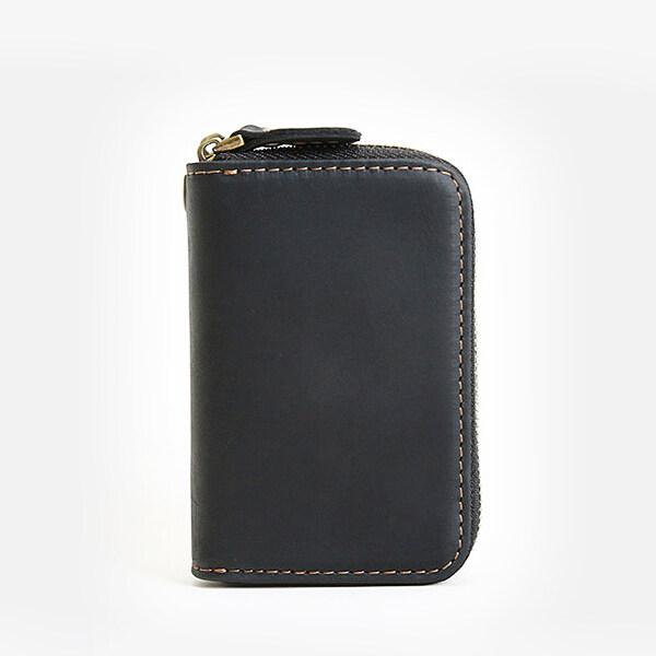 

Двойная молния Crazy Horse кожаный ретро чехол для карт первый слой коровьей кожи портмоне автомобильный брелок для ключей с ремешком на руку чёрный