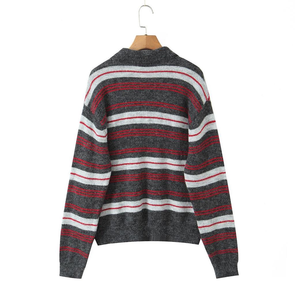 MIU Style Striped Lapel Women’s Autumn Knit Polo Sweater Retro Loose Fit