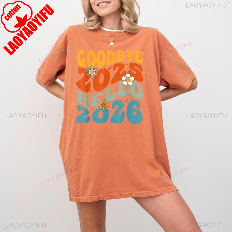 Goodbye 2025 Hello 2026 Retro Groovy New Year T Shirt Colorful Daisy 70s Style Tee Happy New Year Party Outfit Shortsleev S