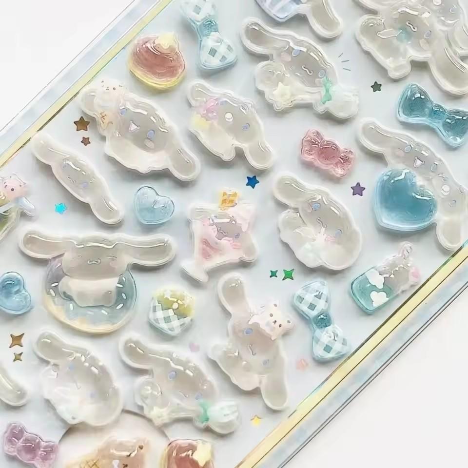 Kawaii Hellokitty Kuromi Cinnamoroll 3D Sanrio Stickers Anime Transparent Jelly Crystal Decorative Sticker Phone DIY Kids Toy