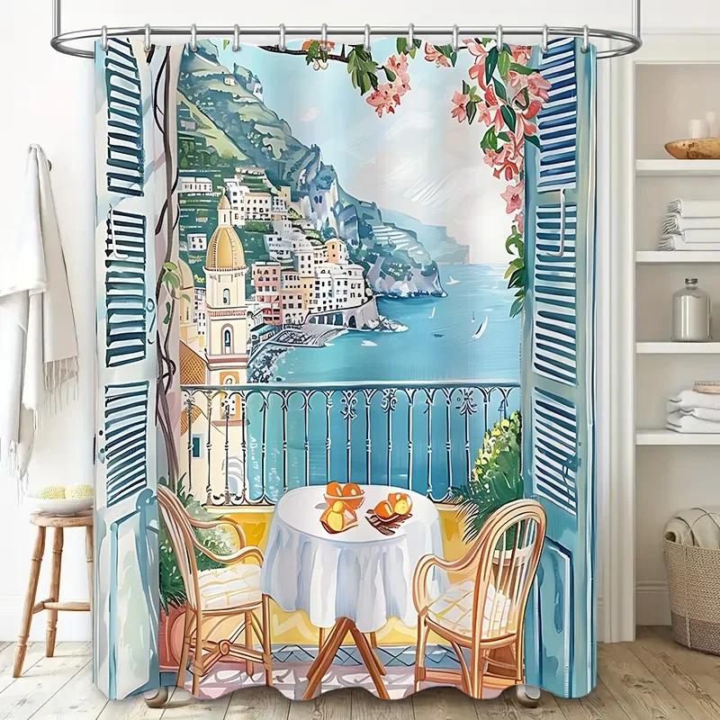 Scenic Coastal View Shower Curtain European Style Waterproof Heat Resistant Machine Washable Suitable for Wet and Dry Separation