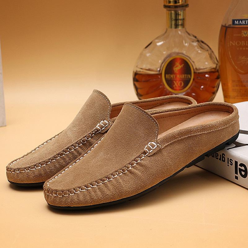 Fashion Summer Mules Suede Leather Half Shoes For Men Casual Mens Penny Loafers Slipper Slip On Flats Lazy Driving Shoes Man Moccasin