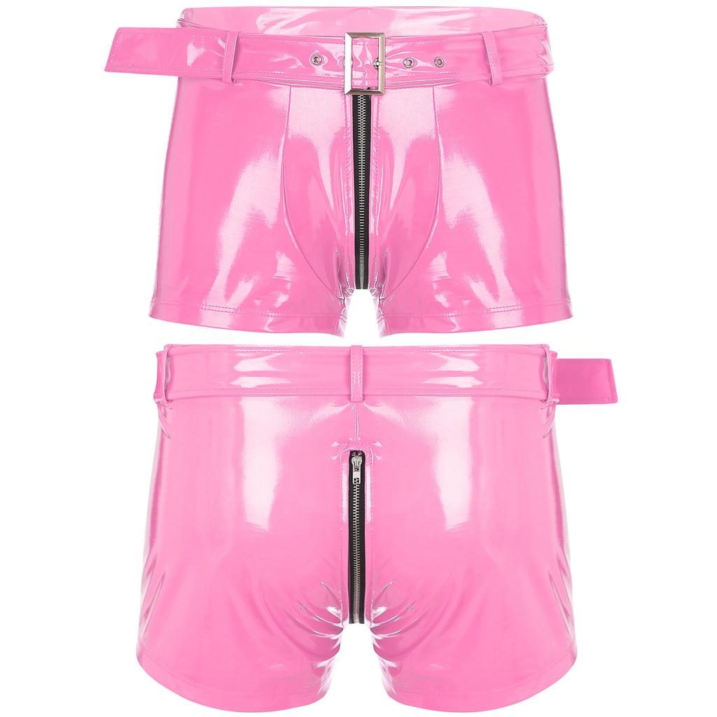 Men Latex Boxer Shorts Hot Pants Bar Disco Nightclub Performance Costume Hot Shorts with Waist Belt