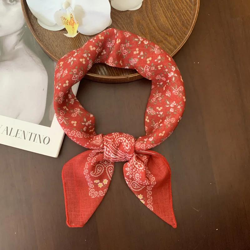 New retro cotton and linen hair band, silk scarf, small square scarf, women's thin scarf, decorative neckerchief and headscarf