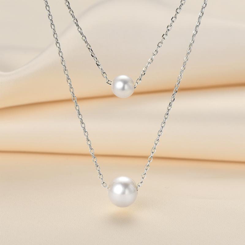 IOGOU 100% 925 Sterling Silver 5.5-6mm&8-8.5mm Round Natural Freshwater Pearl Double Layer Necklace for Women Wedding Jewelry