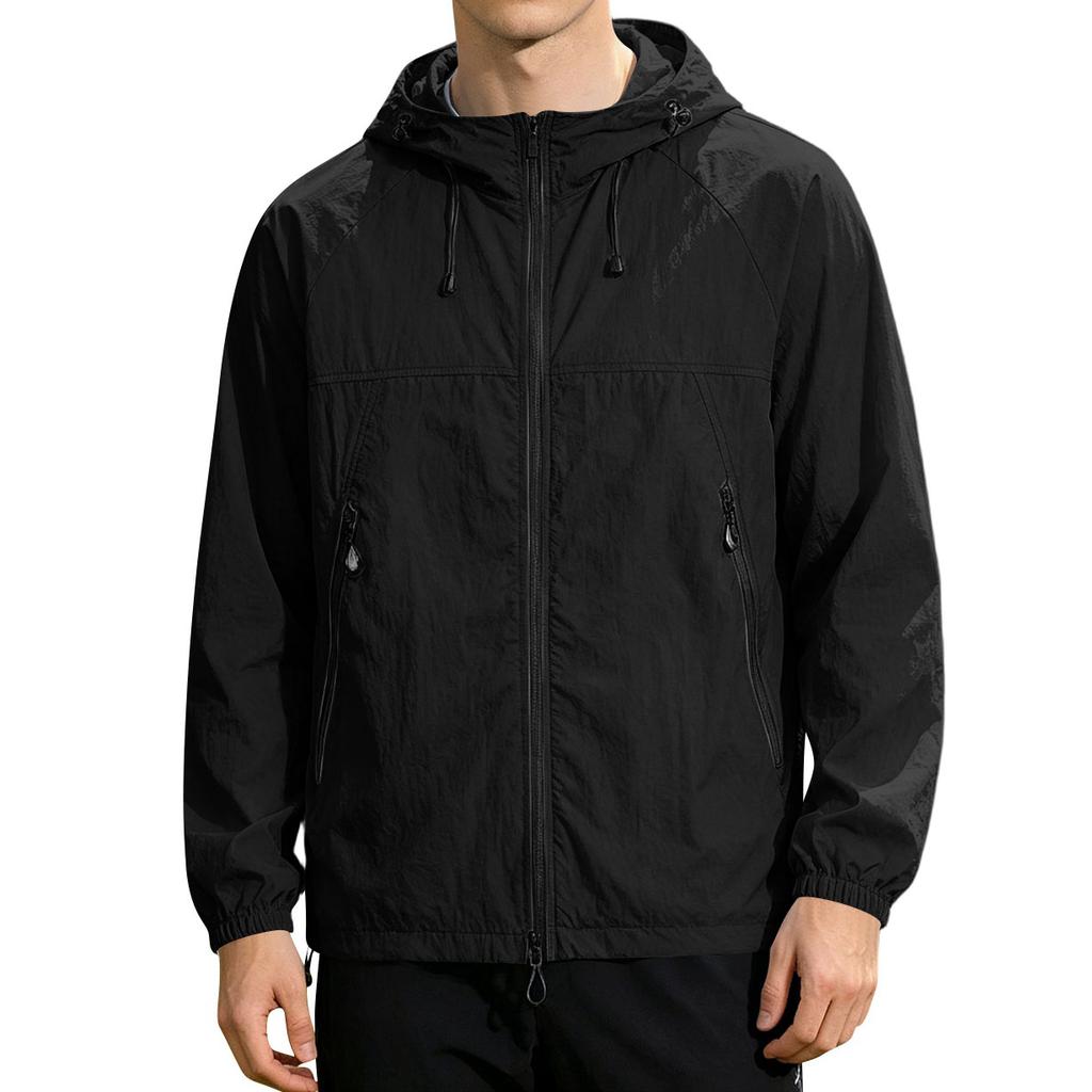 Men's Lightweight Hooded Sun Protection Jacket UV Resistant Outdoor Windbreaker with Zipper Pockets and Adjustable Drawstrings for Travel