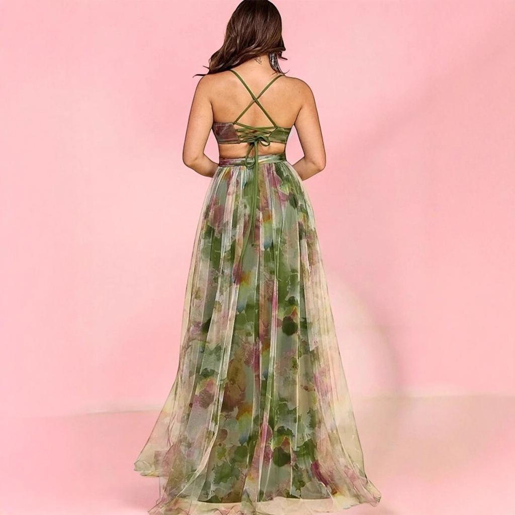 Jarní a letní nové síťované tištěné šaty na ramínka INS dovolenkové ležérní párty šaty