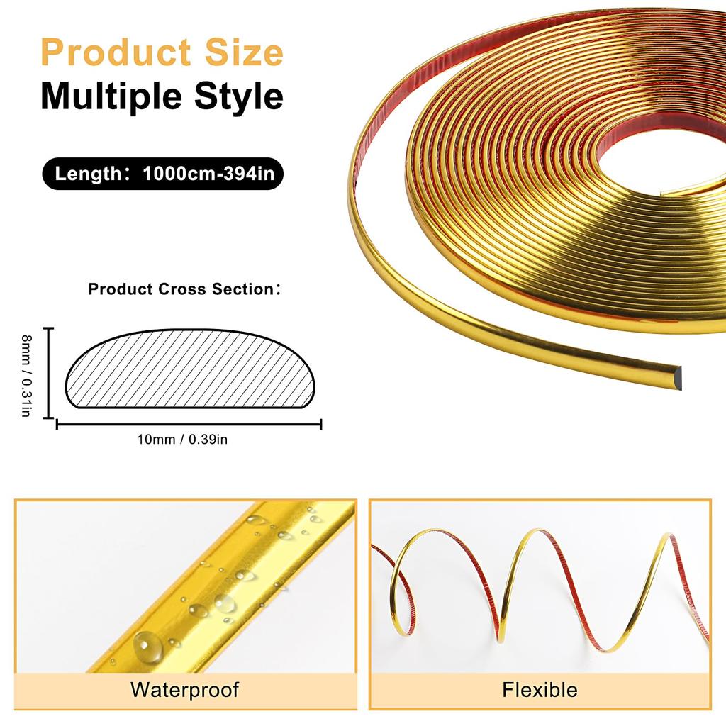 1000cm Flexible Glossy Trim PVC Waterproof Decorative Border Seal for Tile Wardrobes Border, Self-Adhesive Strip, Walls, Mirrors, Ceilings, Edges,
