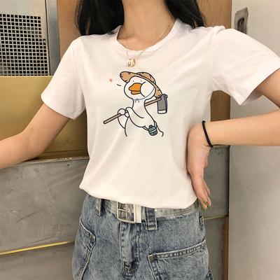 Kawaii Cartoon Duck Femme T Shirt Summer Animal Print Female T Shirt Round Neck Casual