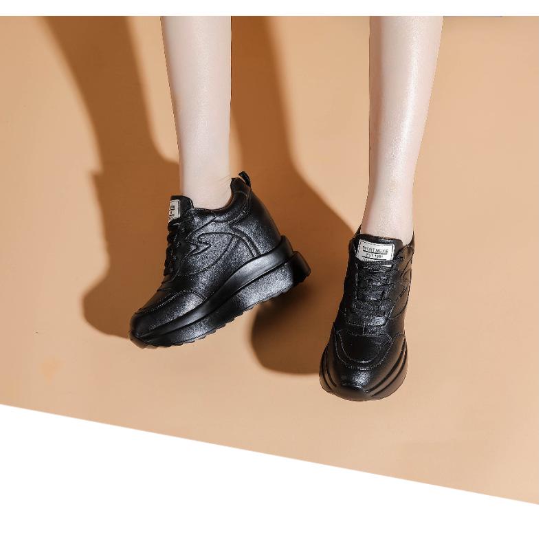 Women's White Genuine Leather Platform Shoes - 10cm Height Increase, Thick Sole, Versatile for All Seasons